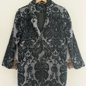 Soft Surroundings Regency Damask Long Coat PS Black Gray Chenille Velvet Brocade
